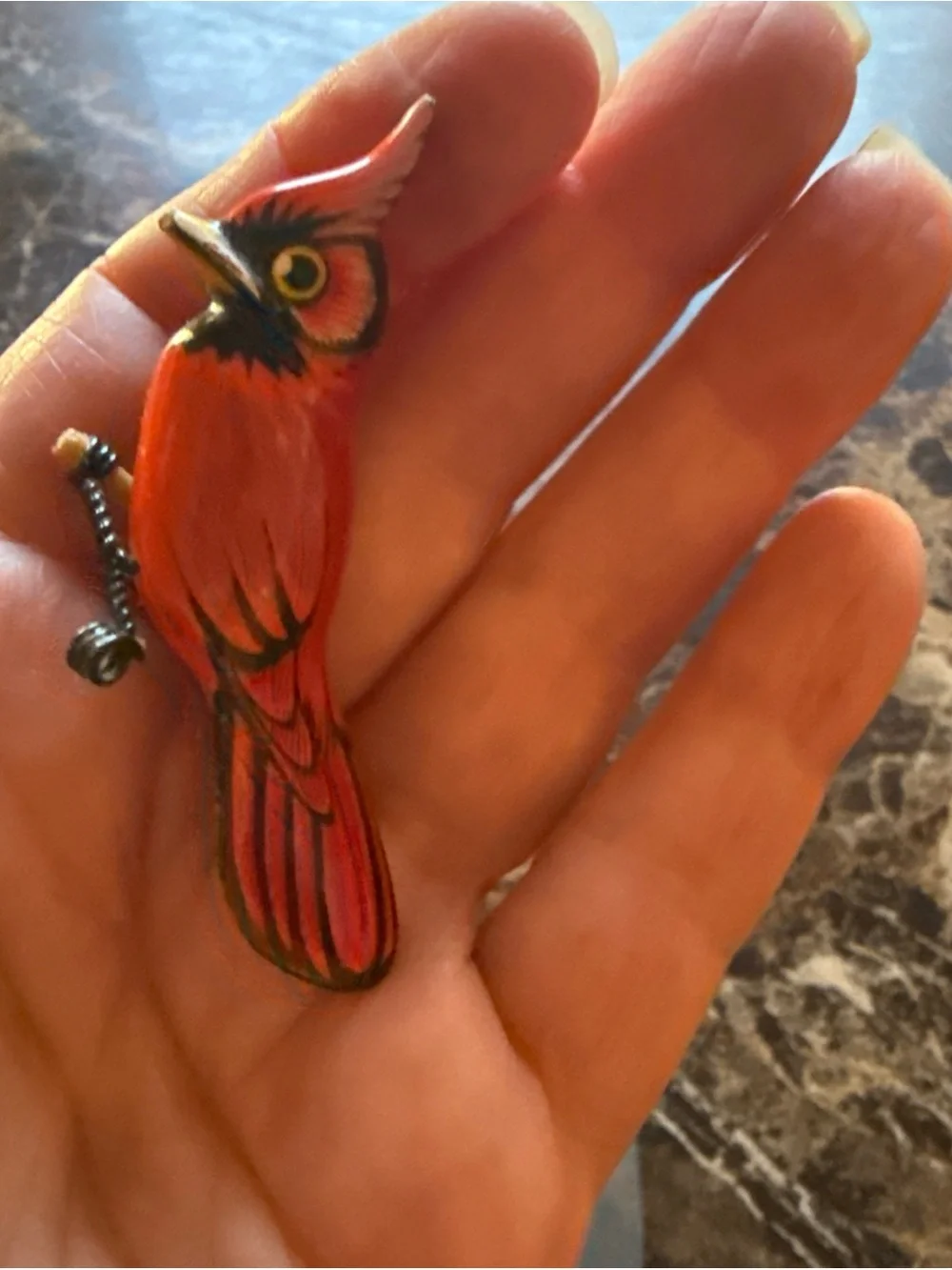 Red Cardinal Bird Perched Brooch/Pin- Hand Painted, Bright Red, Wood.  antique